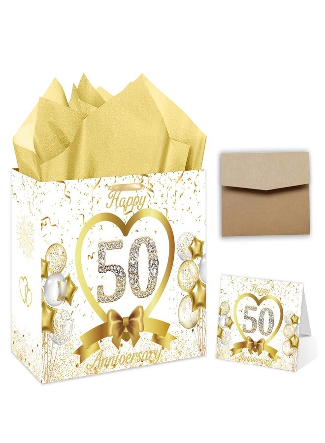 GOLDCROW White Gold 50th Wedding Anniversary Paper Gift Bag Large Happy 50th Anniversary Party Gift Wrapping Bag with Tissue Papers and Card 50th Wedding Anniversary Party Decorations - Image 1